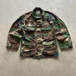 Vintage 90s Woodland Camo Military Field Jacket Size Small USMC Stencil Cargo